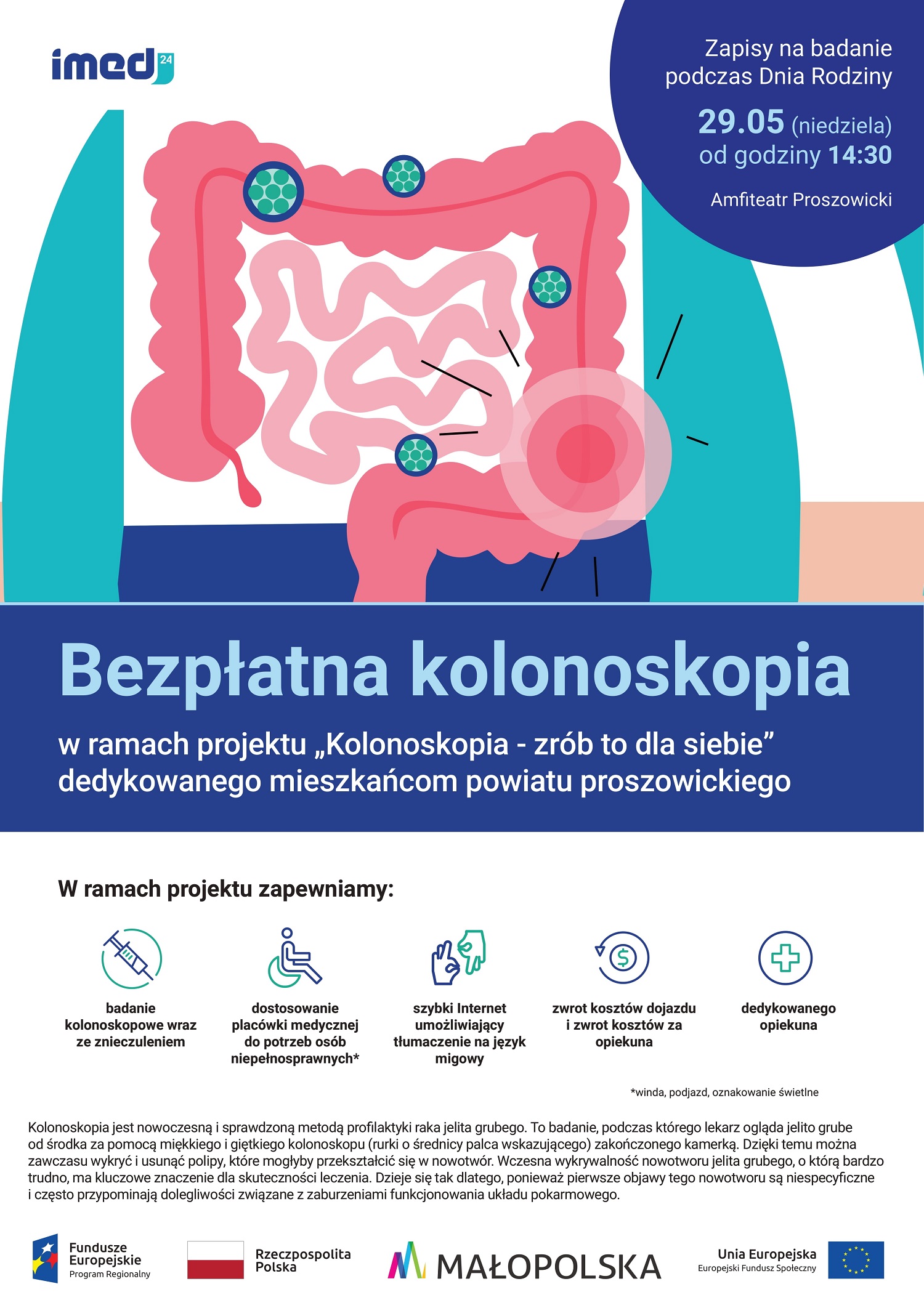 Plakat promujący możliwość skorzystania z bezpłatnej kolonoskopii w ramach projektu 